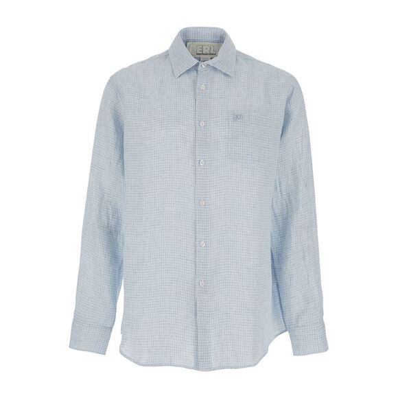 Erl Men Blue Long-Sleeved Shirt With Check Motif In Lino Uomo